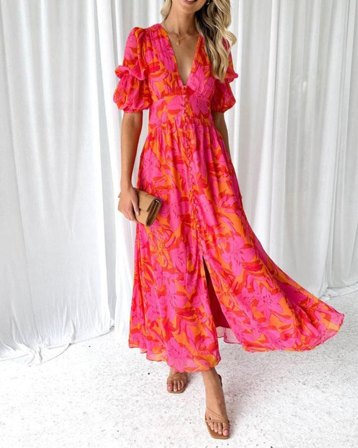 Alva - Chic V-Neck Maxi Dress with Puff Sleeves