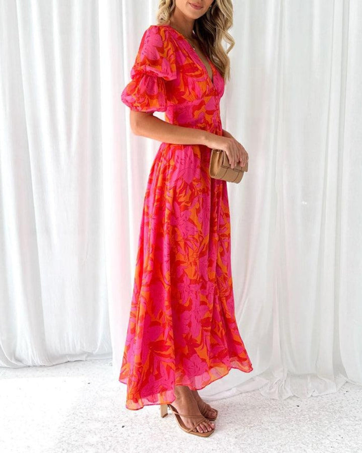 Alva - Chic V-Neck Maxi Dress with Puff Sleeves