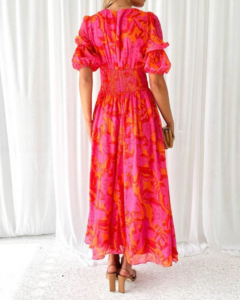 Alva - Chic V-Neck Maxi Dress with Puff Sleeves