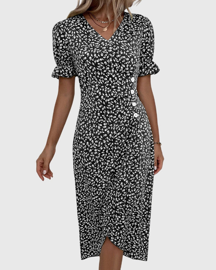 Barbara - V-Neck Dress with Fresh Bloom Design