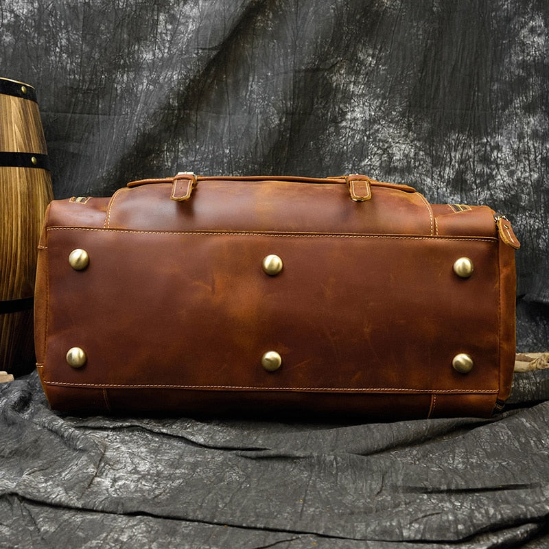 Retro Crazy Horse Leather Travel Bag Featuring Shoe Compartment