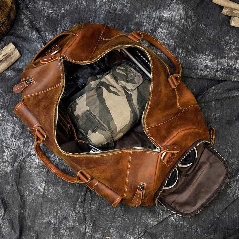 Retro Crazy Horse Leather Travel Bag Featuring Shoe Compartment