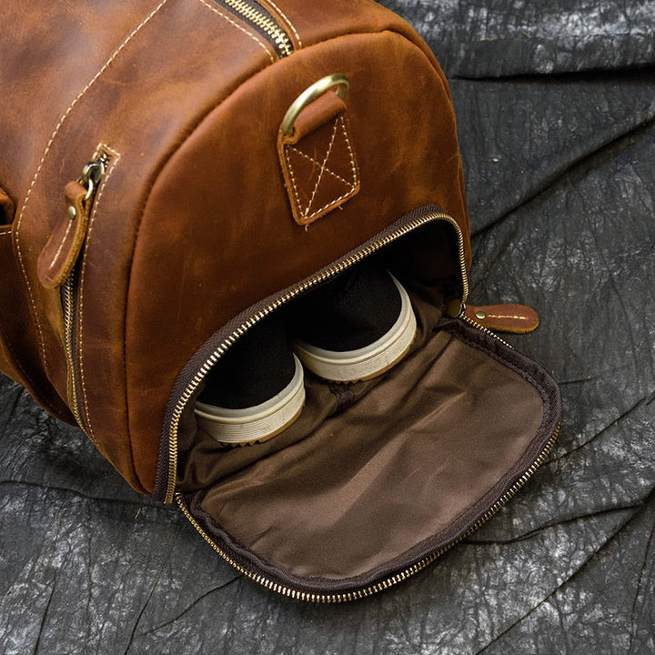 Retro Crazy Horse Leather Travel Bag Featuring Shoe Compartment