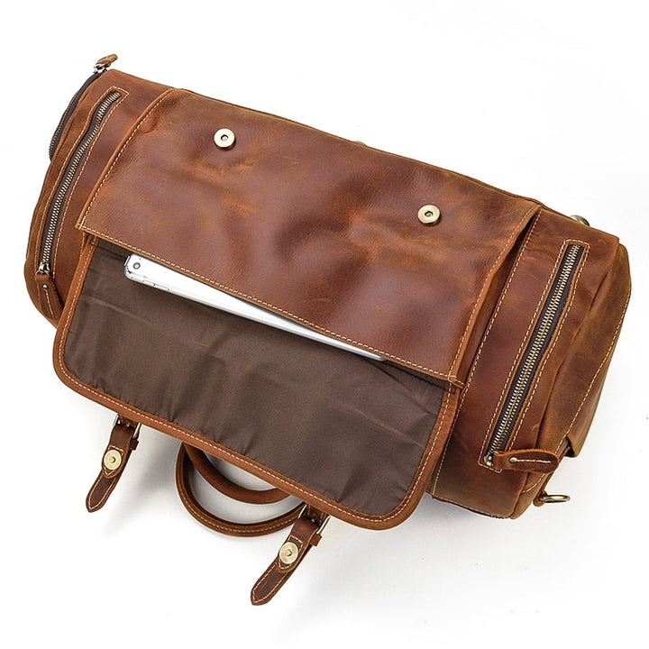 Retro Crazy Horse Leather Travel Bag Featuring Shoe Compartment