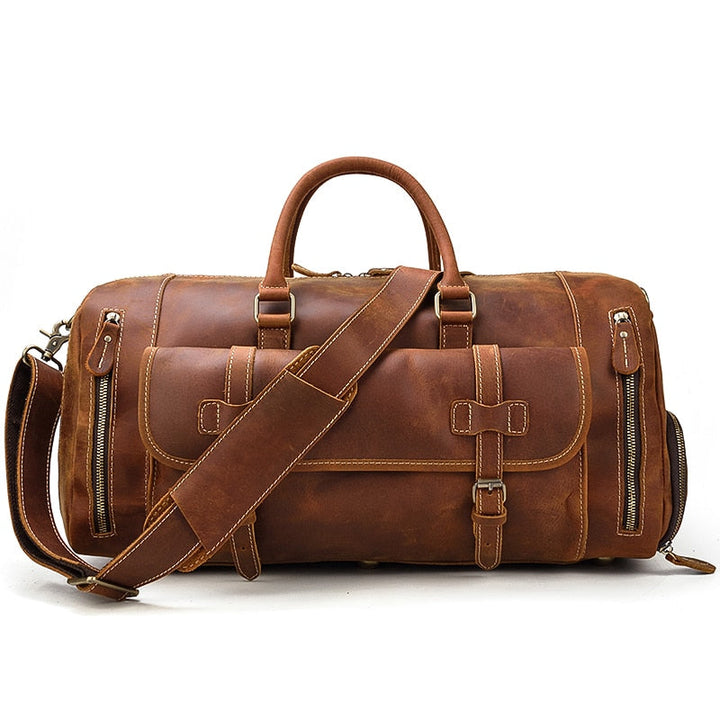 Retro Crazy Horse Leather Travel Bag Featuring Shoe Compartment
