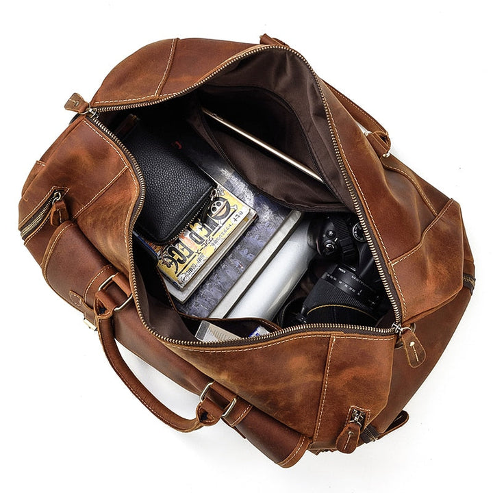 Retro Crazy Horse Leather Travel Bag Featuring Shoe Compartment