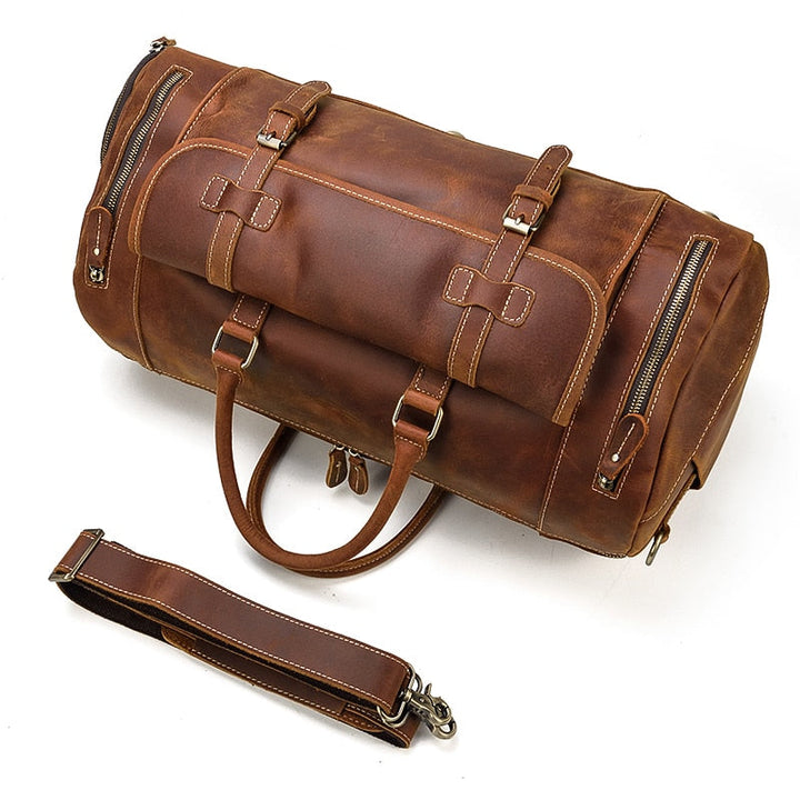 Retro Crazy Horse Leather Travel Bag Featuring Shoe Compartment