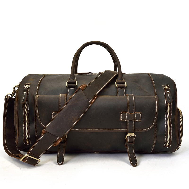 Retro Crazy Horse Leather Travel Bag Featuring Shoe Compartment
