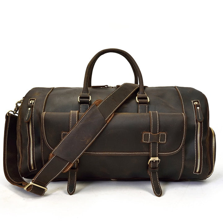 Retro Crazy Horse Leather Travel Bag Featuring Shoe Compartment