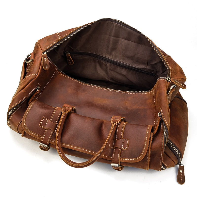 Retro Crazy Horse Leather Travel Bag Featuring Shoe Compartment