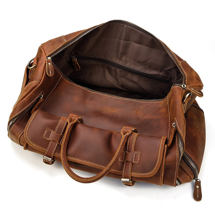 Retro Crazy Horse Leather Travel Bag Featuring Shoe Compartment
