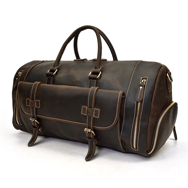 Retro Crazy Horse Leather Travel Bag Featuring Shoe Compartment