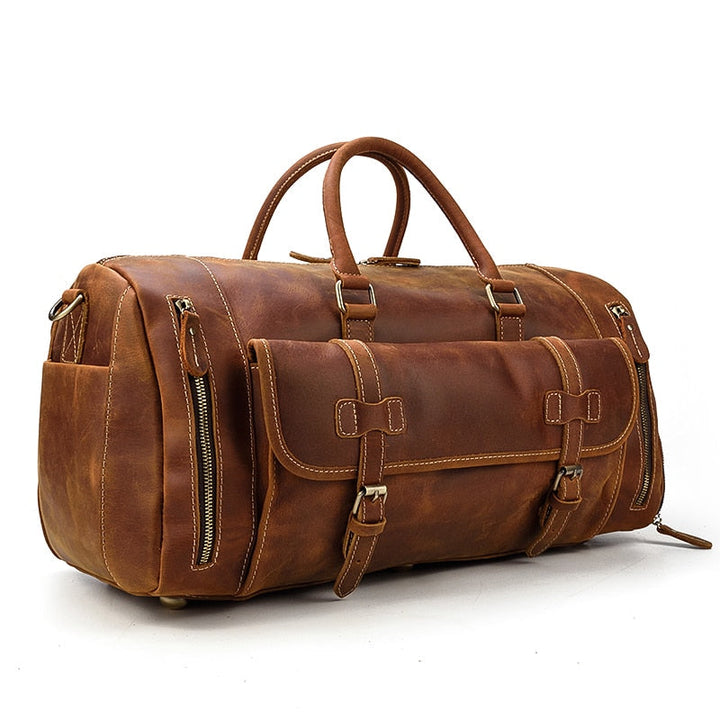 Retro Crazy Horse Leather Travel Bag Featuring Shoe Compartment