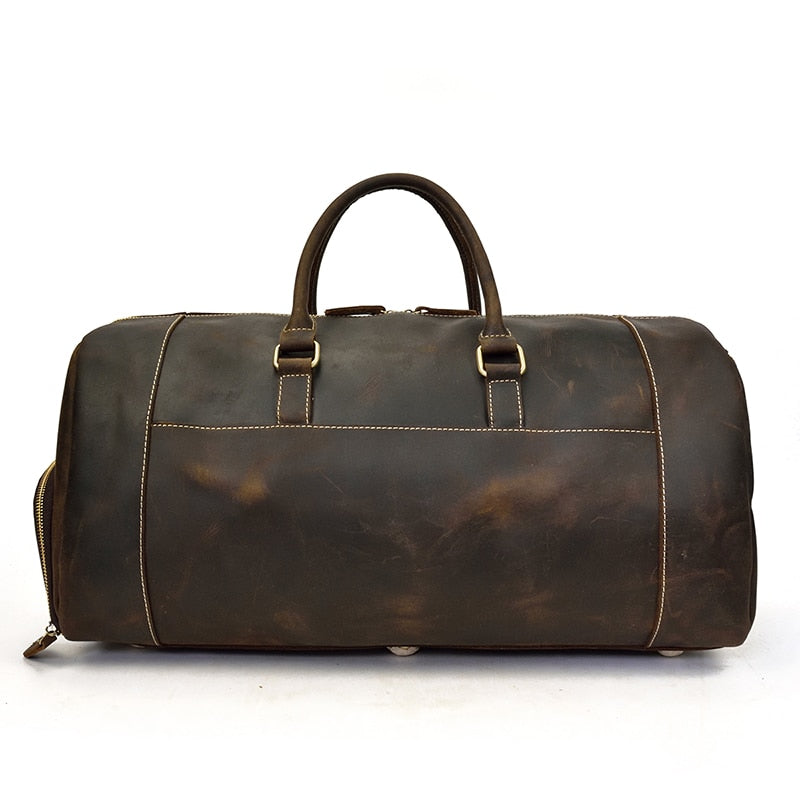 Retro Crazy Horse Leather Travel Bag Featuring Shoe Compartment