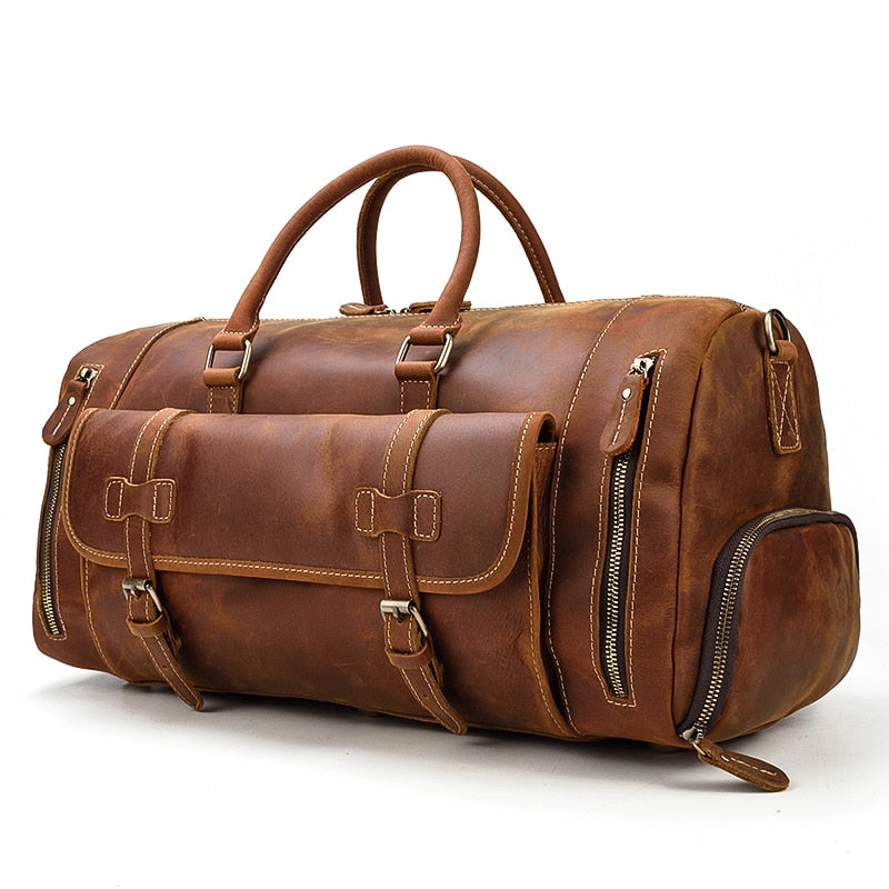 Retro Crazy Horse Leather Travel Bag Featuring Shoe Compartment