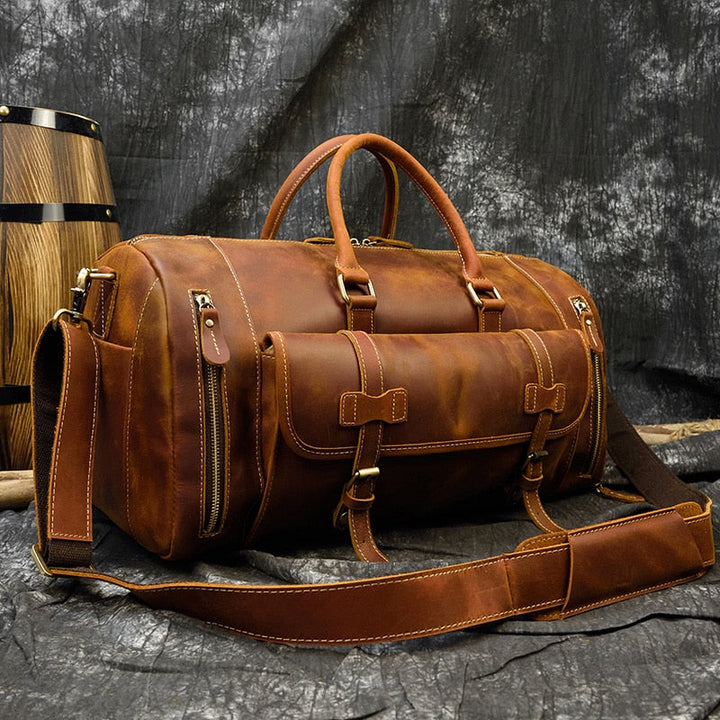 Retro Crazy Horse Leather Travel Bag Featuring Shoe Compartment