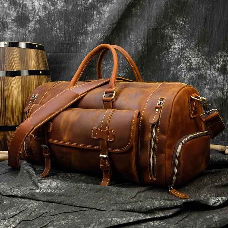 Retro Crazy Horse Leather Travel Bag Featuring Shoe Compartment