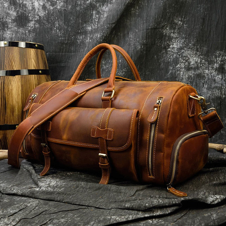 Retro Crazy Horse Leather Travel Bag Featuring Shoe Compartment