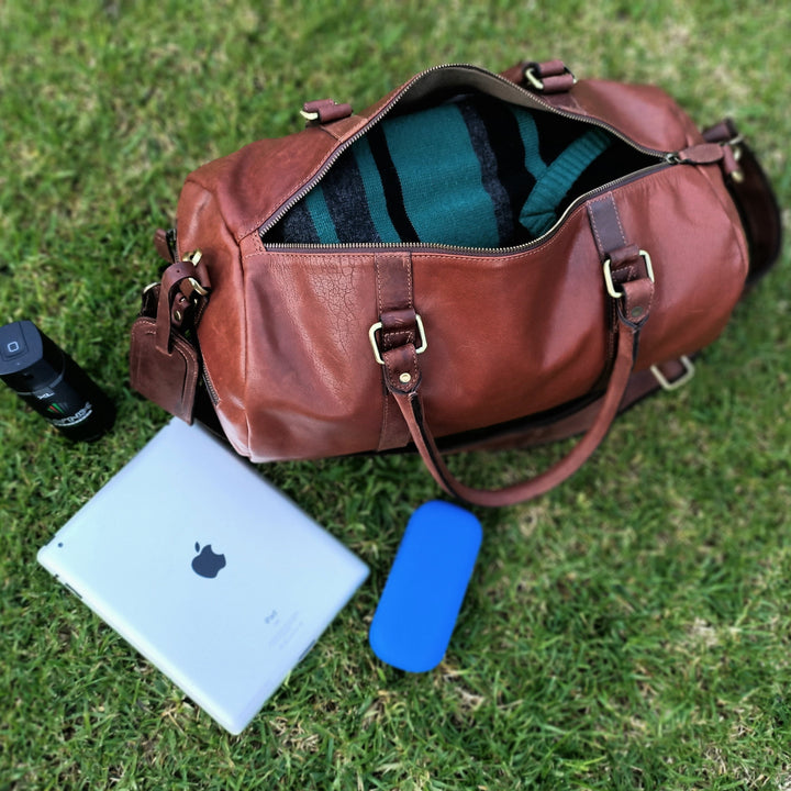 Tan Leather Weekend Duffel Bag
