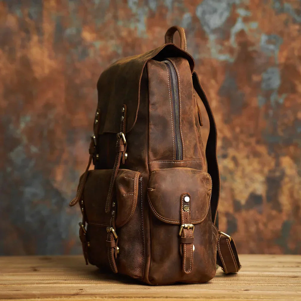 Durable Genuine Leather Travel Backpack | Spacious Brown Daypack