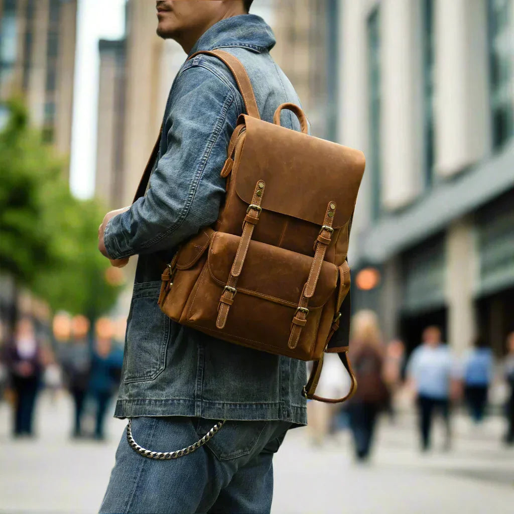 Durable Genuine Leather Travel Backpack | Spacious Brown Daypack