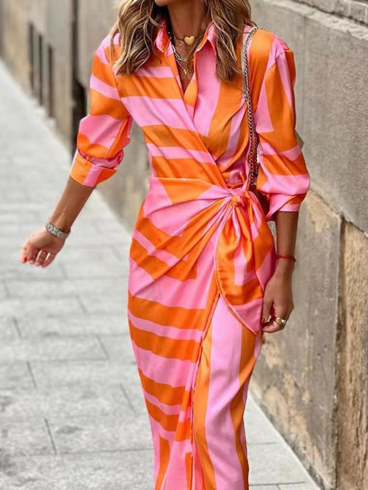 Bernice - Striped Midi Dress with Shirt Design