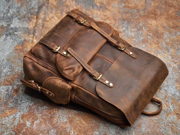 Durable Genuine Leather Travel Backpack | Spacious Brown Daypack