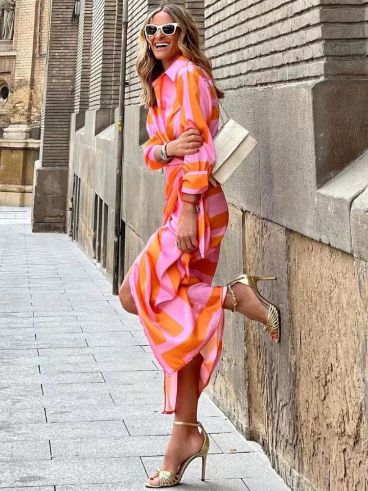 Bernice - Striped Midi Dress with Shirt Design