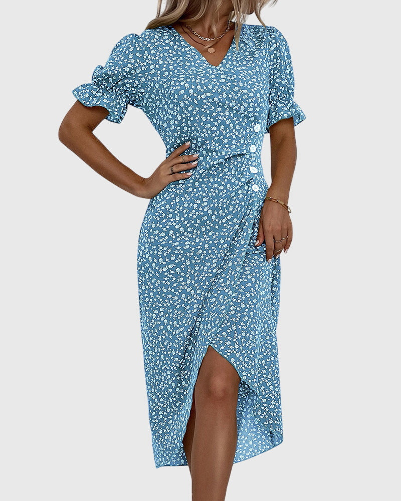 Barbara - V-Neck Dress with Fresh Bloom Design
