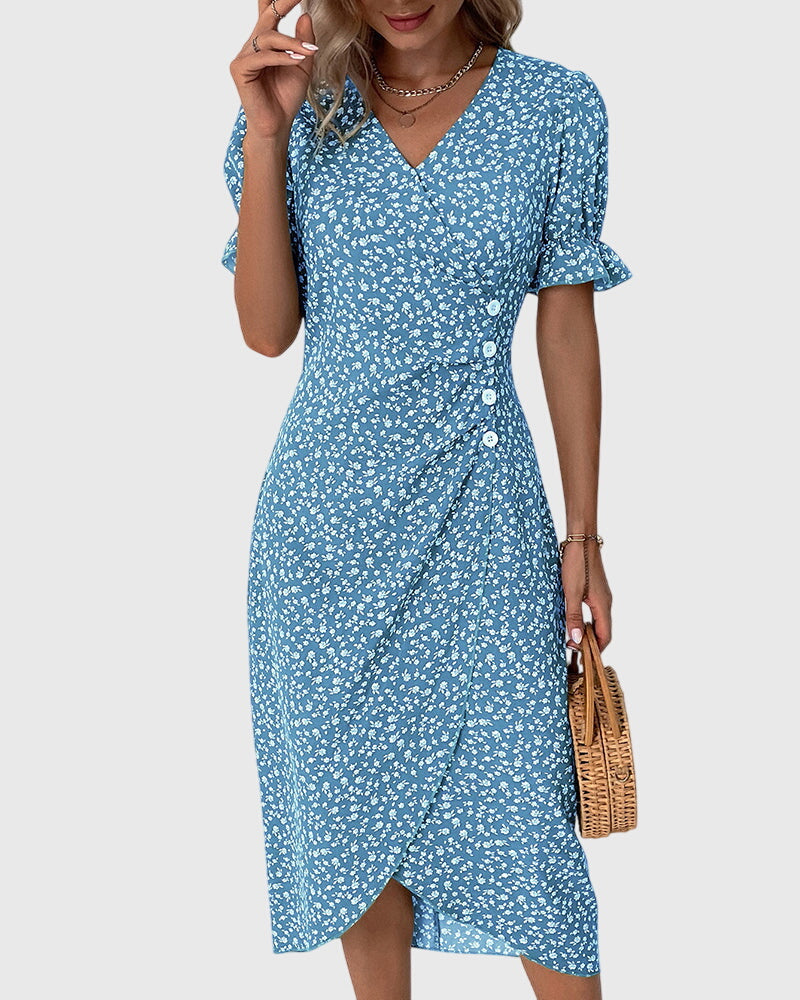 Barbara - V-Neck Dress with Fresh Bloom Design