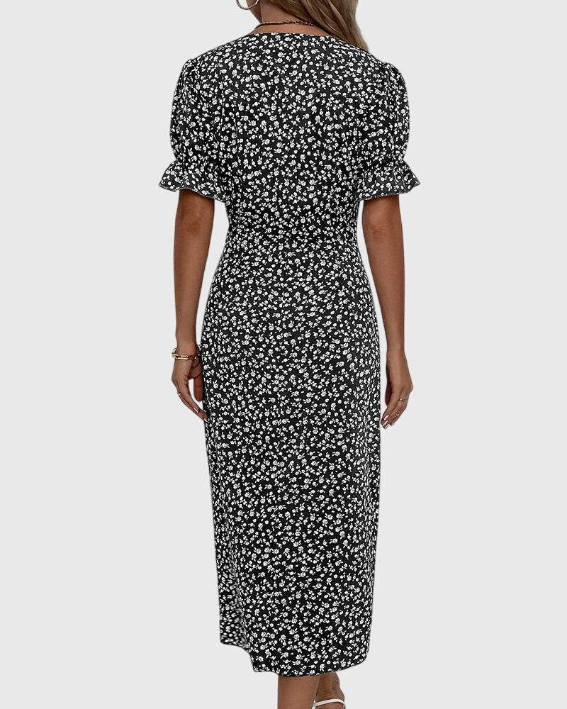 Barbara - V-Neck Dress with Fresh Bloom Design