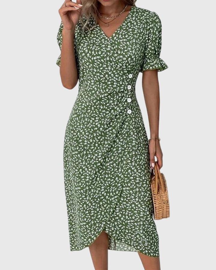 Barbara - V-Neck Dress with Fresh Bloom Design