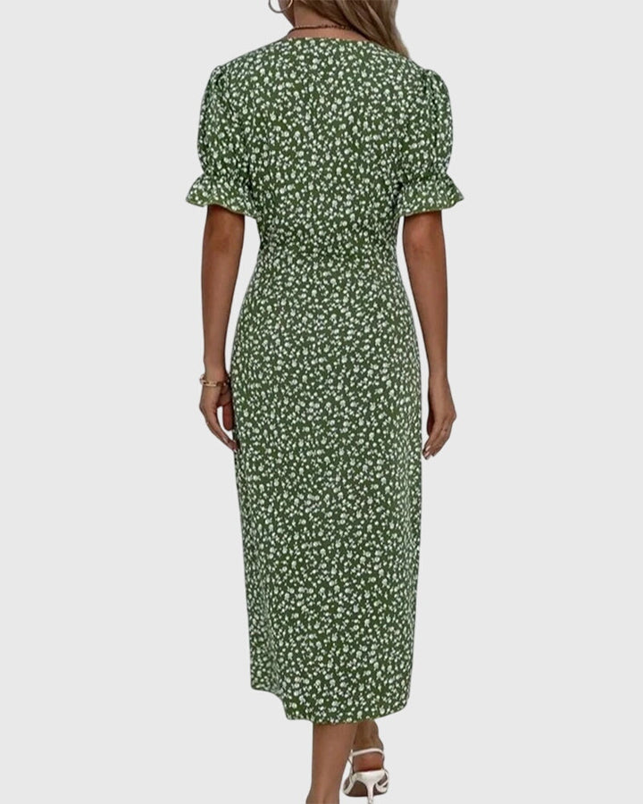 Barbara - V-Neck Dress with Fresh Bloom Design
