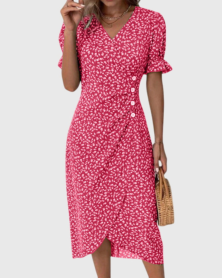 Barbara - V-Neck Dress with Fresh Bloom Design